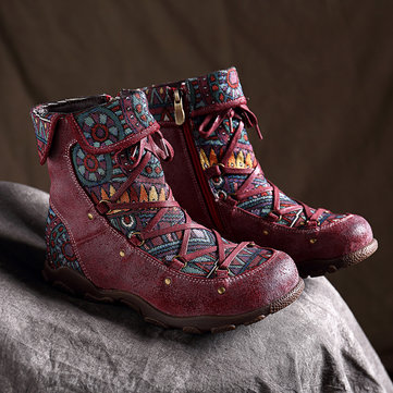 

SOCOFY Bohemian Sooo Comfy Genuine Leather Splicing Jacquard Lace Up Zipper Big Head Flat Boots, Wine red yellow red