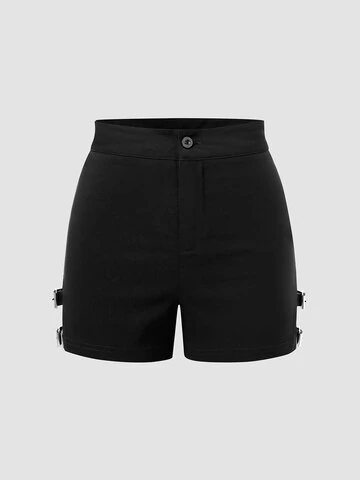 Solid Buckle Cut Out Button Zip Front Shorts 