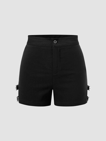 Solid Buckle Cut Out Shorts
