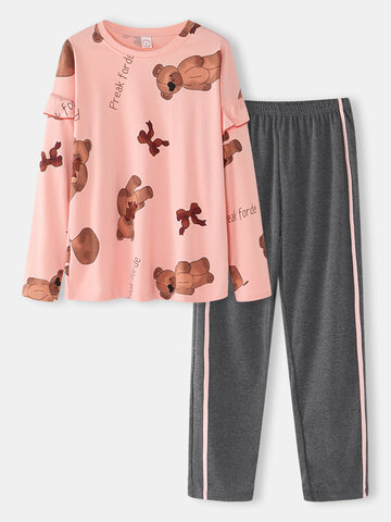 Plus Size Bear Print Side Striped Long Pajamas