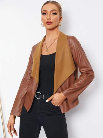Solid PU Leather Shawl Collar Jacket
