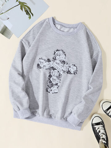 Flower Cross Print Long Sleeve Sweatshirt