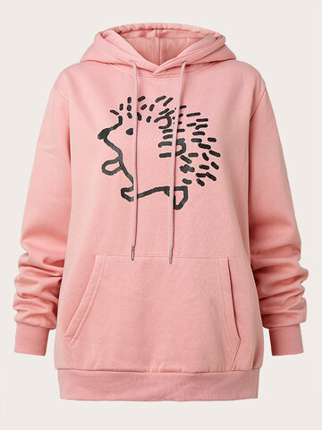 Lovely Print Drawstring Casual Hoodie