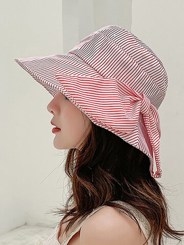 Stripe Beach Sun Hat  Cotton Wide Brim Hat For Women Elegant Floppy Hat
