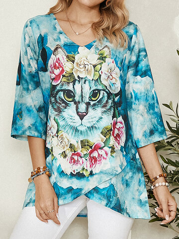 Blusa casual com estampa floral de gato fofo