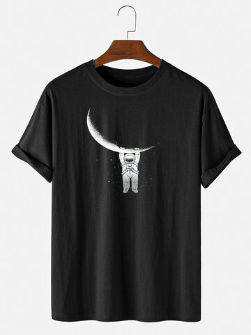 Astronaut Moon Print Cotton T-Shirts