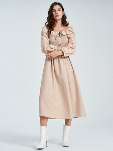 Solid Shirred Tie Front Dress