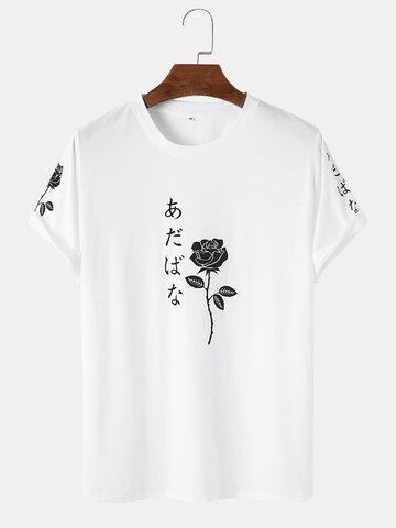 T-Shirt mit japanischen Schriftzeichen und Rosendruck