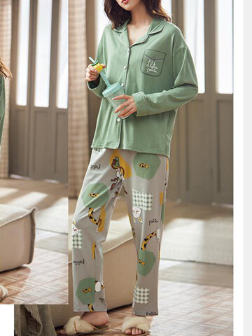 Pijama de algodão com estampa animal de desenho animado tamanho plus