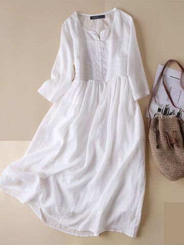 Einfarbige Halbknopf-Baumwolle Kleid