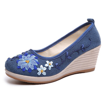Handmade Embroidered Cloth Wedges Shoes