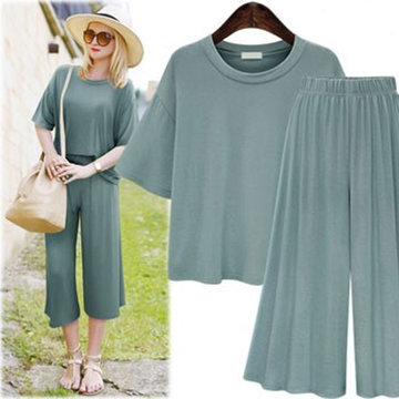 

Europe And The United States Large Size Women's Season New Round Neck Short-sleeved Casual T-shirt + Elastic Waist Wide Leg Pants Two-piece Suit