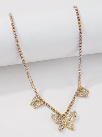 Rhinestones Butterflies Pendant Chain Necklace