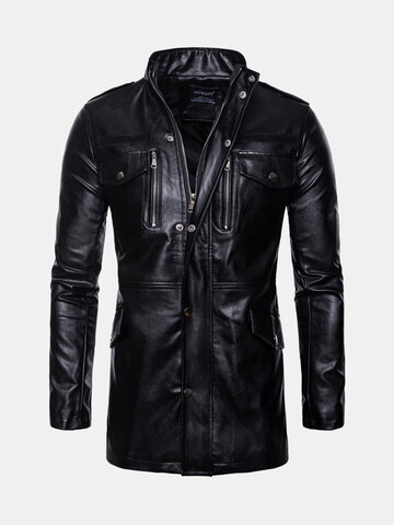 Retro Stand Collar Leather Mid-Long Jacket