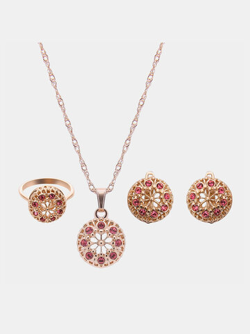 Jewelry Set Alloy Rhinestone Hollow Flower Necklace Earrings Set