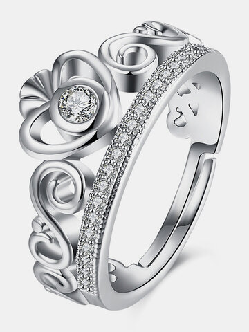 Sweet Wedding Ring Silver Heart Crown Zircon Ring Gift for Women