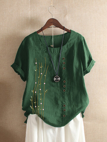 Embroidery Short Sleeve O-neck Button Cotton T-shirt