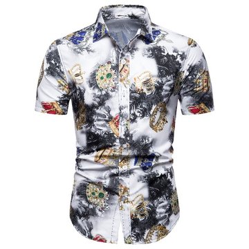 

E-commerce European And American Fashion Crown Printing Lapel Youth Short-sleeved Season Beach Men's Shirt