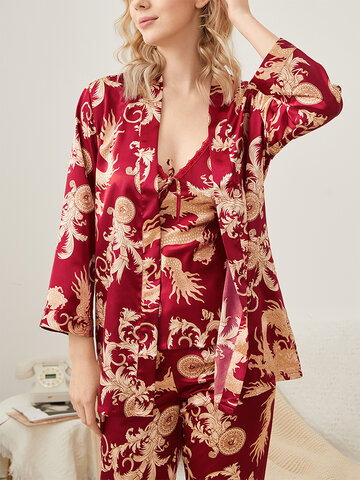 Faux Silk 3 Pieces Pajamas Sets