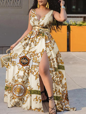 Tribal Pattern Sleeveless Maxi Dress