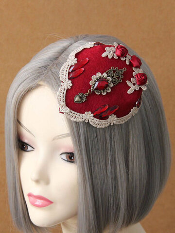 Vintage Cosplay Hairwear Wedding Red Rose Lace Crystal Heart Hairpin Jewelry