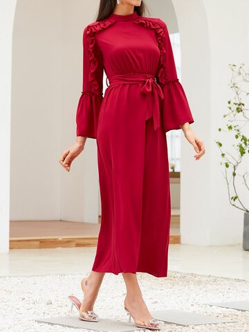 Solid Color Ruffle Knotted Dress