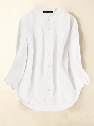 Solid Ruffle Trim Stand Collar Blouse