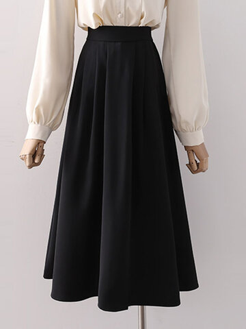 Solid A-line Pleated Casual Skirt