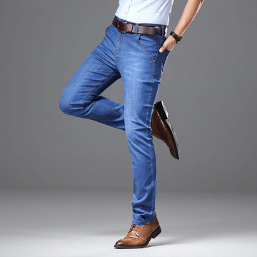 Mens denim summer stretch business straight jeans slim thin 
