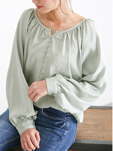 Solid Lantern Sleeve Button Folds Blouse