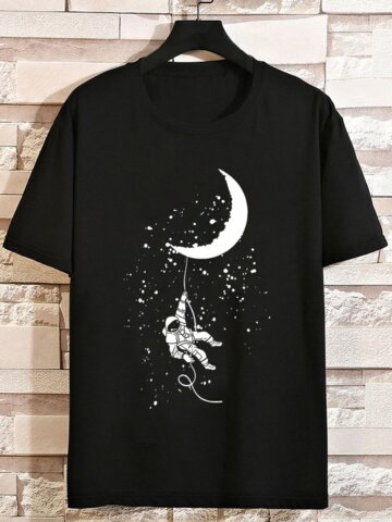 Astronaut Moon Print Casual T-Shirts