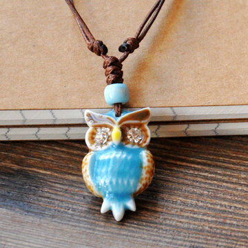 Rhinestones Owl Drawstring Necklace