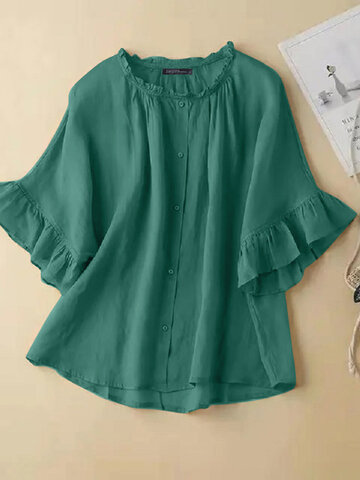 Solid Ruffle Sleeve Casual Blouse