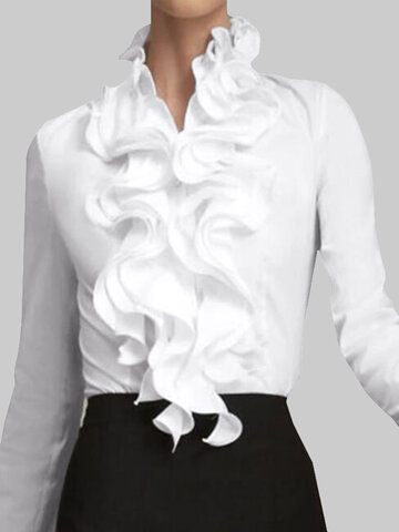 Однотонная блузка с длинным рукавом и оборками