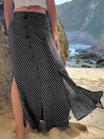 Polka Dot Print Split Skirt
