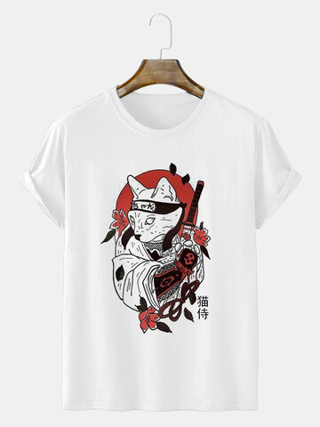Camisetas estampadas de guerrero japonés Gato