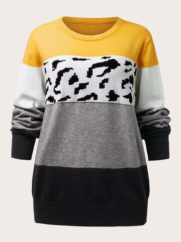 Cow Print O-neck Patchwork Sweater