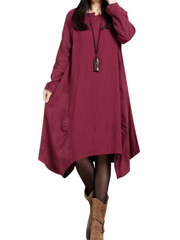 

O-Newe Plus Size Solid O-Neck Long Sleeve Ruffled Asymmetric Dress For Women, Red green blue