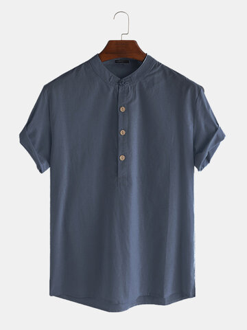 Einfarbiges Retro-Henley-Hemd aus Baumwollleinen