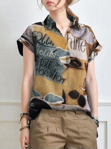 Abstract Painted Letter Plaid Casual Blouse