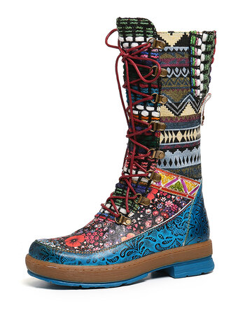 Colorful Woollen Lace Up Zipper Flat Tall Boots