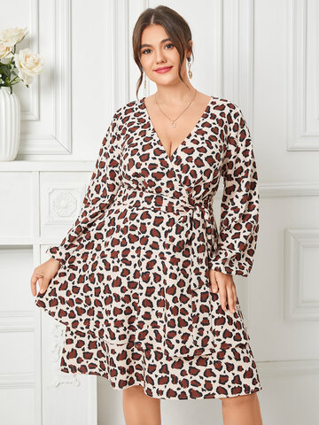 Plus Size Leopard Wrap Tiered Dress