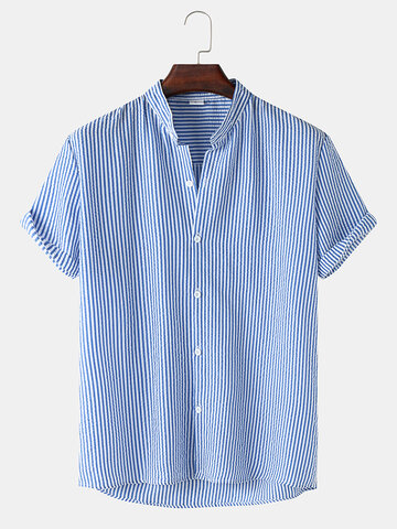 Blue Striped Band Collar Shirt