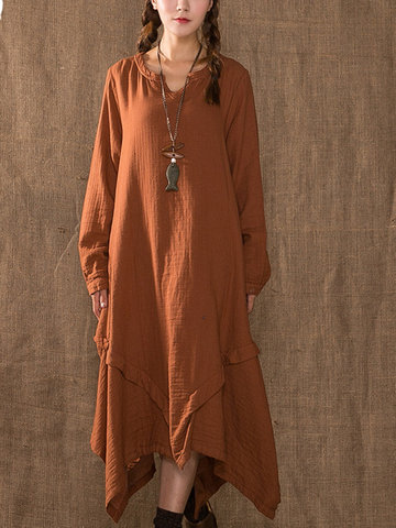 

O-Newe Plus Size Solid Long Sleeve V-Neck Asymmetric Maxi Dress, Orange red wine red