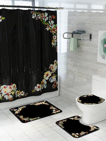 Cortina de chuveiro com impressão de flores para cortinas de chuveiro Tapete de quatro peças Banheiro Conjunto de tapete