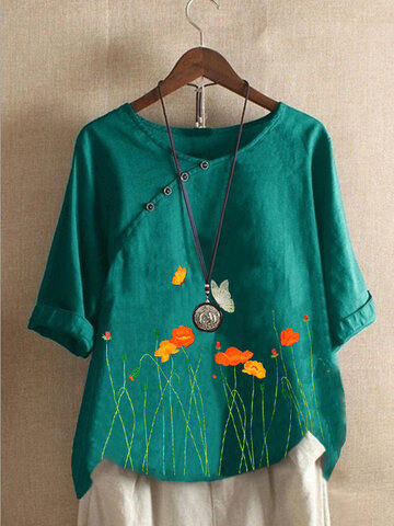 Flower Embroidery Button Half Sleeve Blouse For Women