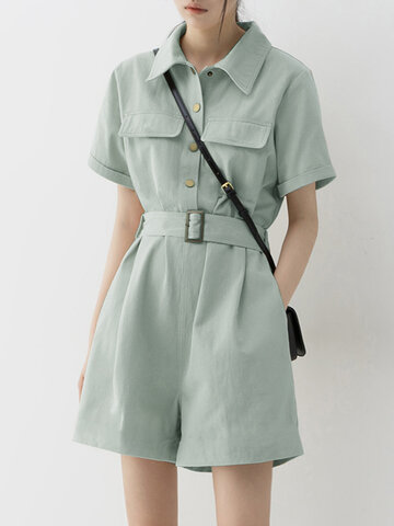 Solid Pocket Button Casual Romper