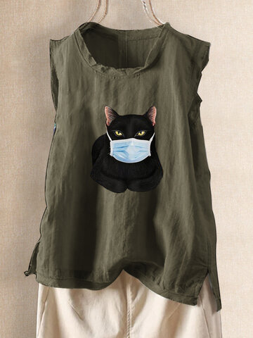 Cartoon Cat Printed Sleeveless Tank Tops