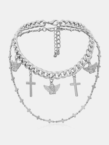 2 Pcs/Set Angel Cross Pendant Chain Necklaces