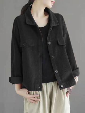 Solid Corduroy Long Sleeve Lapel Jacket For Women